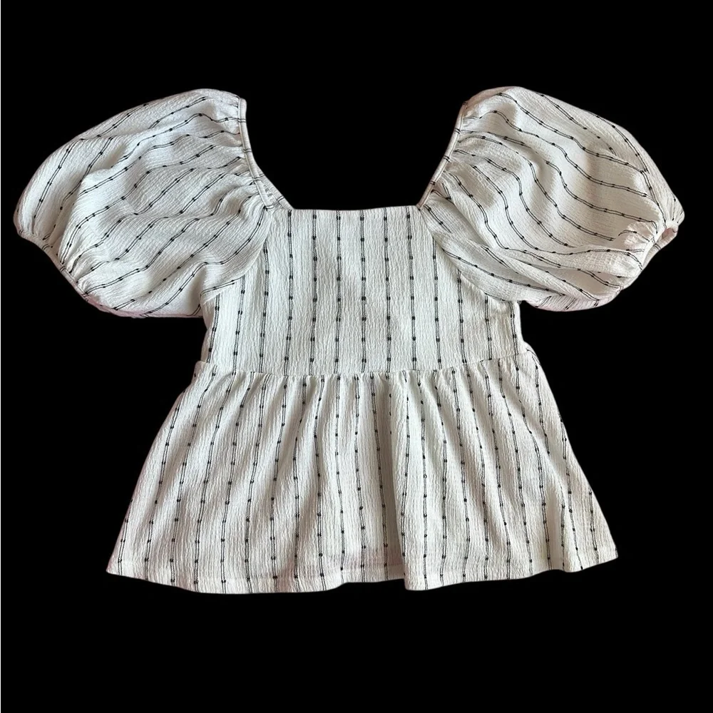 Madewell Cream Peplum Blouse with Black Pinstripes